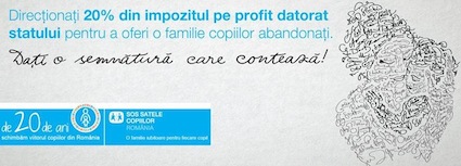 Doneaza 20% din impozitul pe profit in beneficiul SOS Satele Copiilor, care, de 20 de ani, schimba viitorul copiilor din Romania!